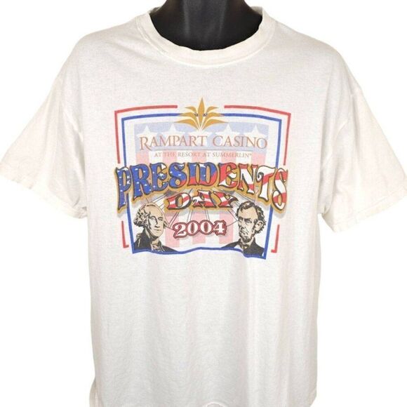 Vintage Presidents Day T Shirt Mens Size Large White Y2K Rampart Casino 2004 - Picture 1 of 6